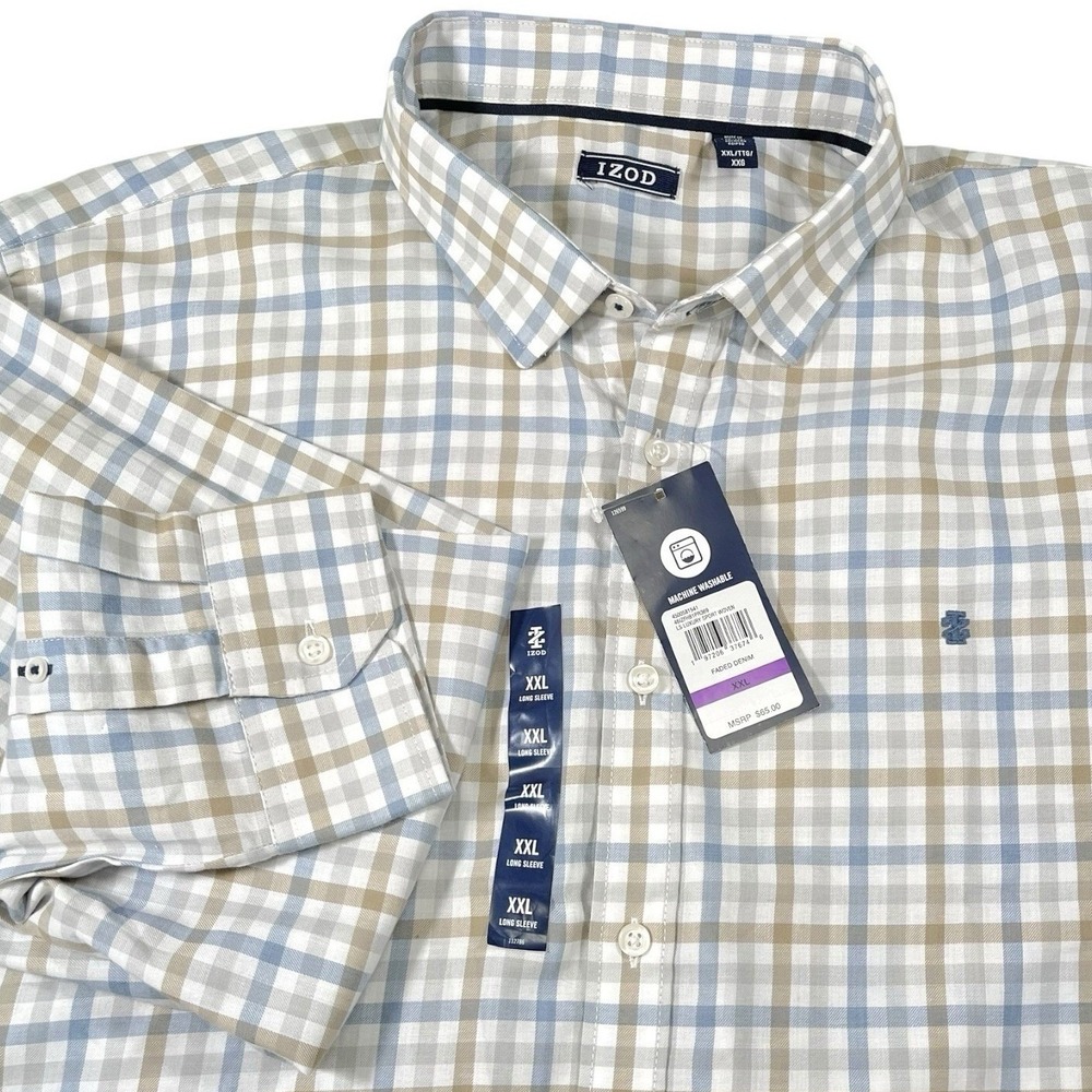 NEW IZOD XXL Faded Denim Plaid Button Down Shirt Long Sleeve Luxury Sport Preppy